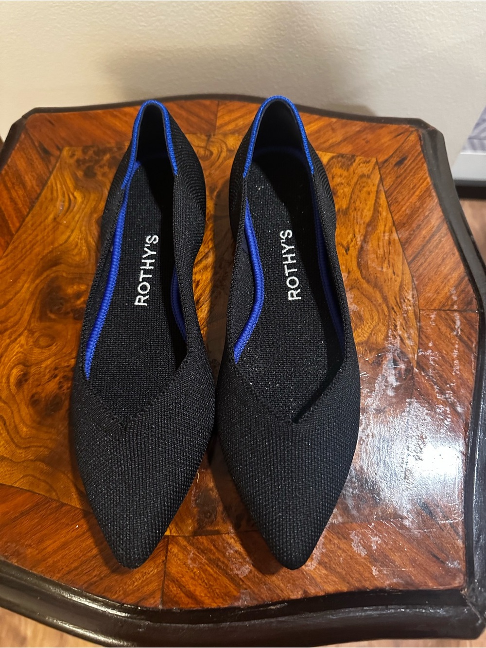 Rothy's Black Pointed Knit Flats with Blue Trim